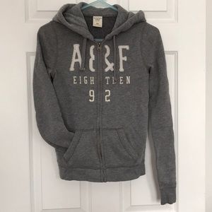 Grey zip up a&f logo hoodie